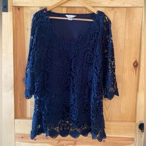 Large Navy Blue Christopher & Banks Blouse with lace stitch overlay